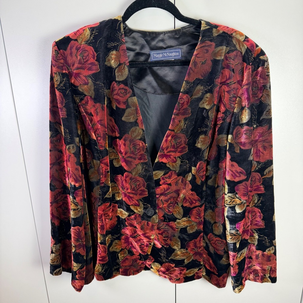 VTG Maggie McNaughton Women‎ XL Velvet Black Gold Rose Floral Blazer Whimsigoth